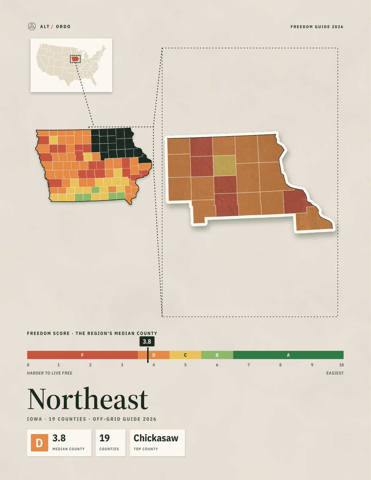 Northeast, Iowa Off-Grid Guide 2026: 19 Counties Rated