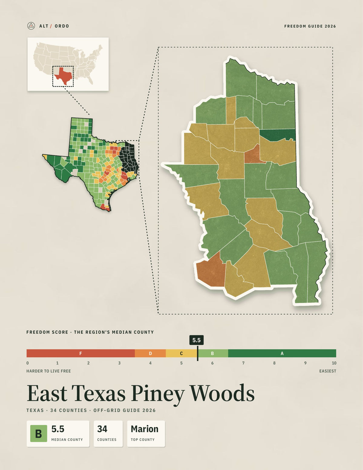 East Texas Piney Woods, Texas Off-Grid Guide 2026: 34 Counties Rated