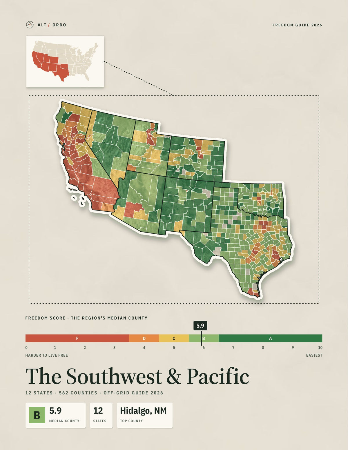 Southwest & Pacific Off-Grid Guide 2026: 12 States, 562 Counties