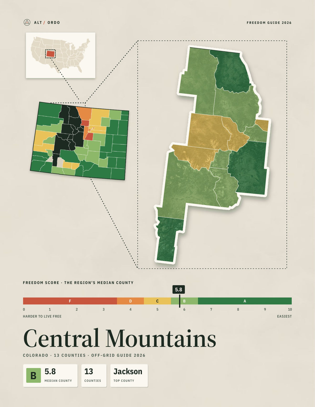 Central Mountains, Colorado Off-Grid Guide 2026: 13 Counties Rated