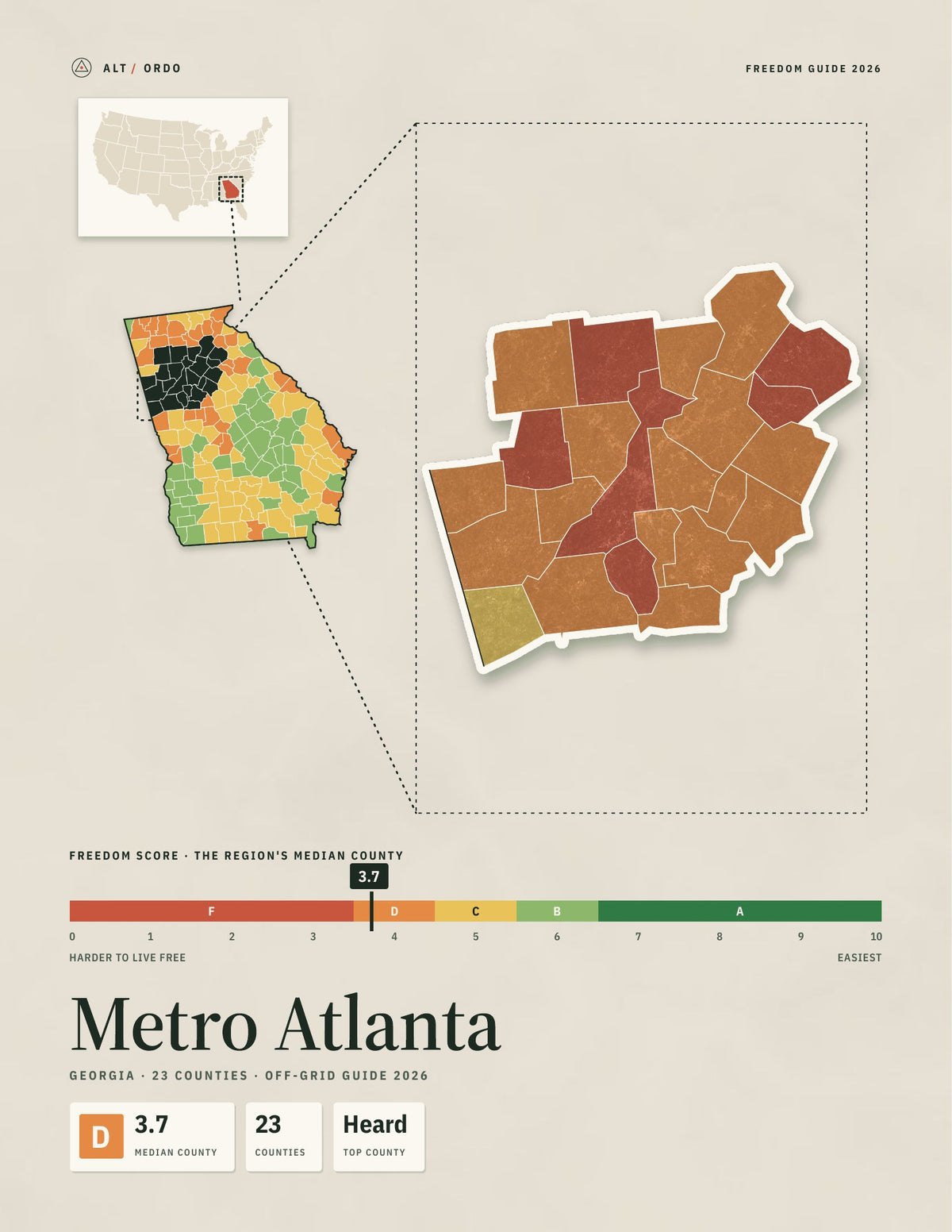 Metro Atlanta, Georgia Off-Grid Guide 2026: 23 Counties Rated