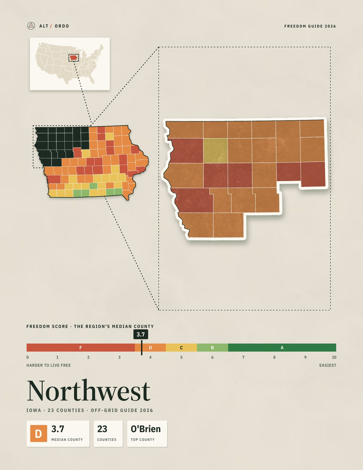 Northwest, Iowa Off-Grid Guide 2026: 23 Counties Rated