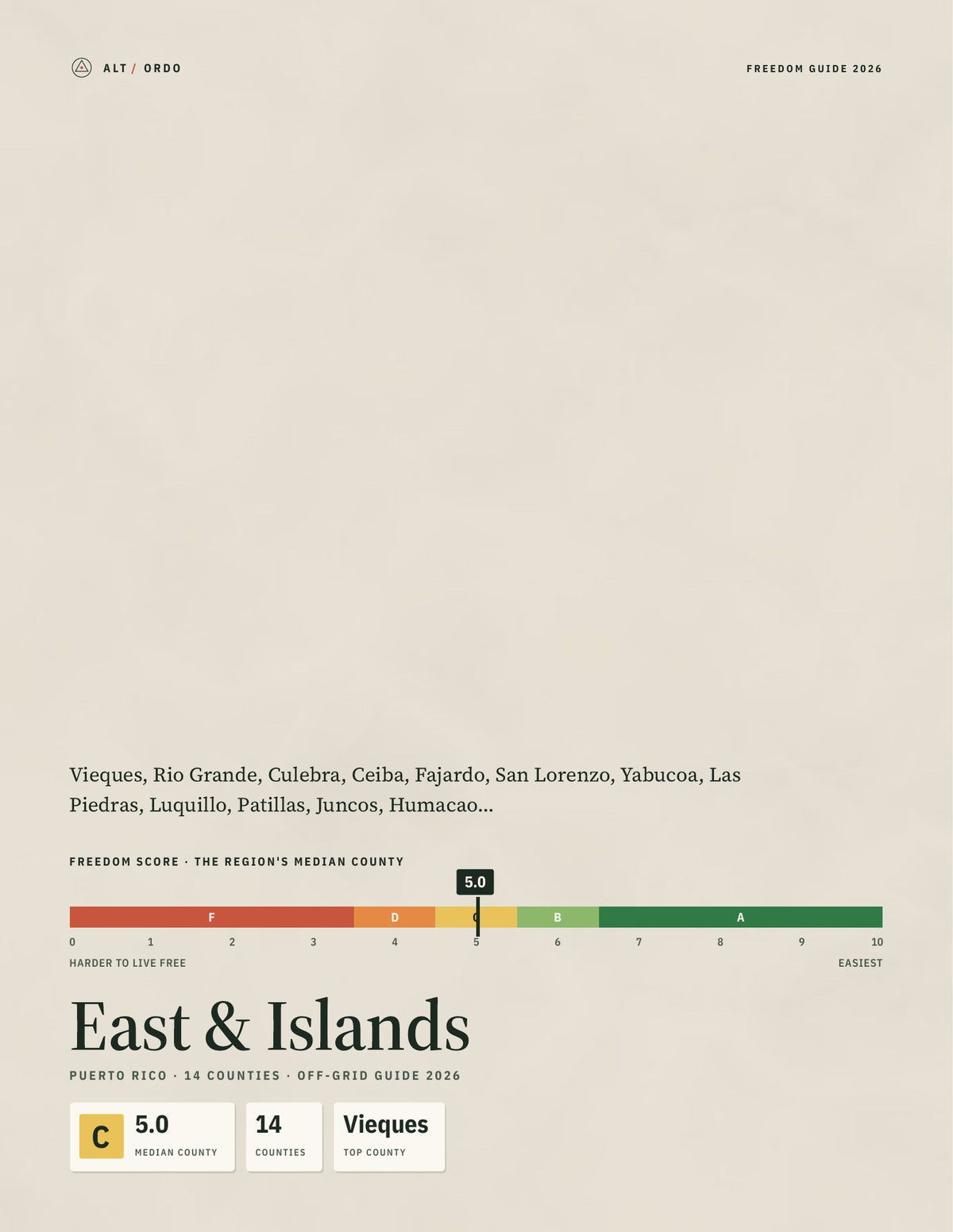 East & Islands, Puerto Rico Off-Grid Guide 2026: 14 Counties Rated