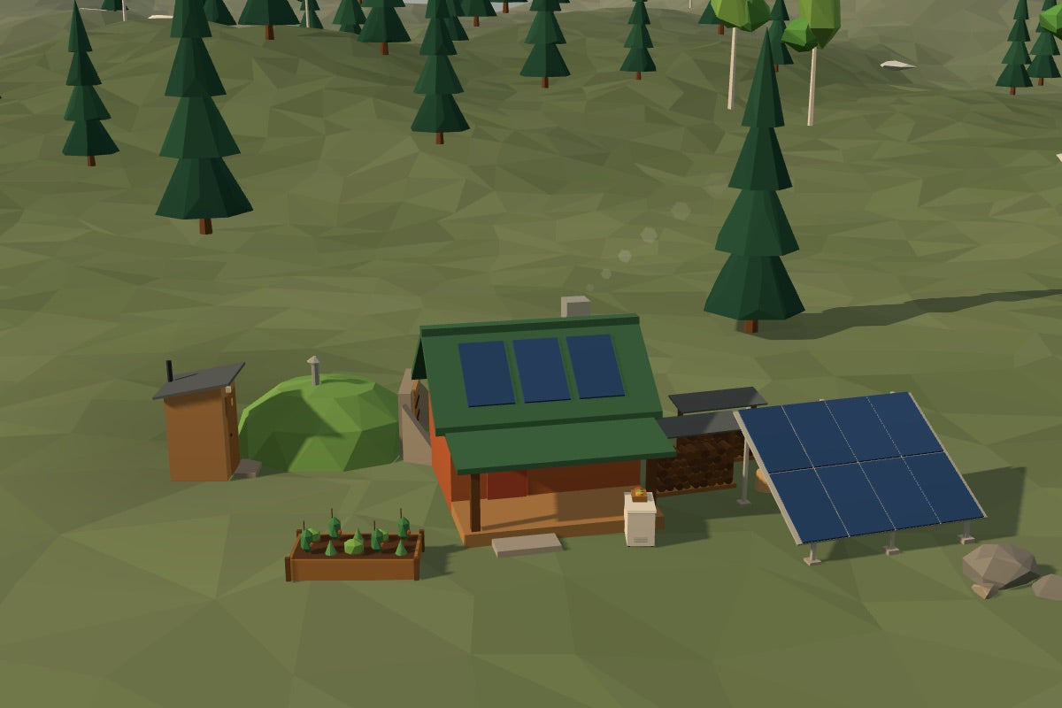 Low-poly log cabin with solar array, earth-sheltered root cellar and outhouse in a spruce forest