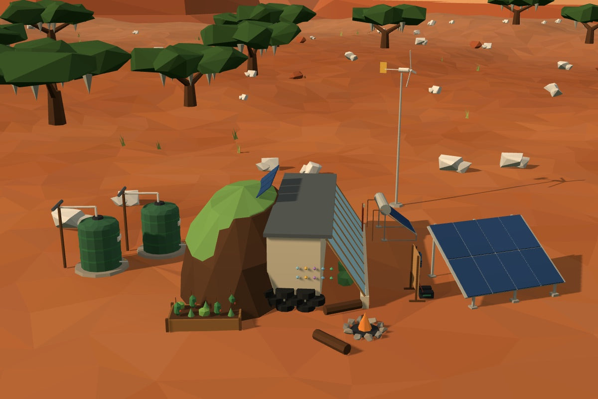 Low-poly earthship with water tanks, solar and a wind turbine in red Australian outback