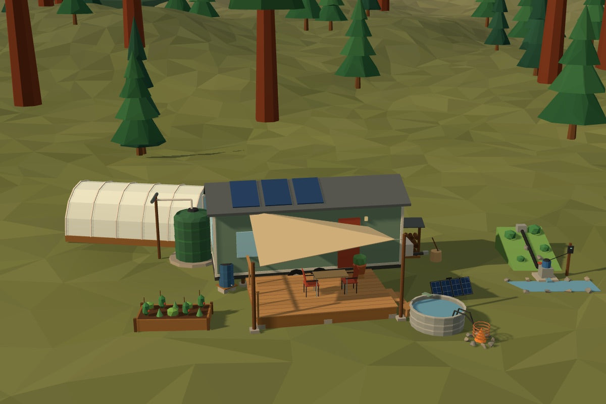 Low-poly tiny house with a deck and garden beds among tall firs