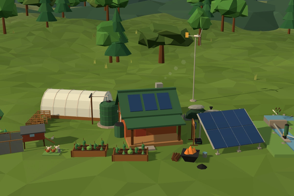 Low-poly cabin with solar panels, rainwater tanks, greenhouse, garden beds and a ram pump