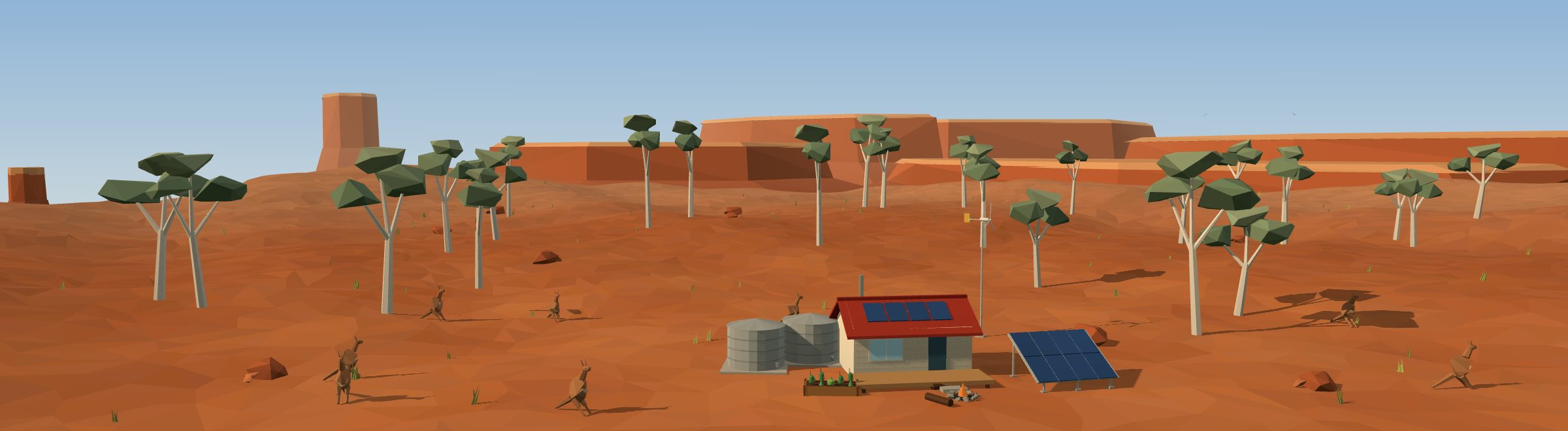 Low-poly 3D off-grid homestead in a australia landscape