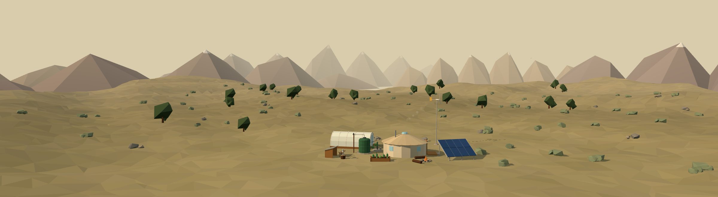 Low-poly 3D off-grid homestead in a basin landscape