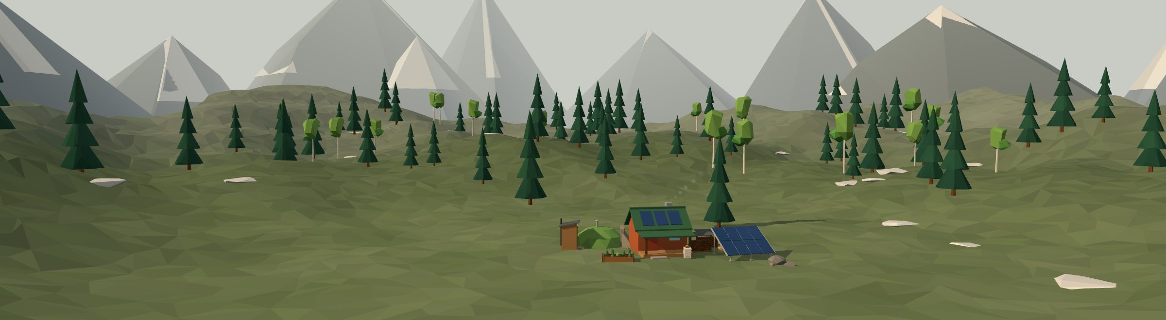Low-poly 3D off-grid homestead in a boreal landscape
