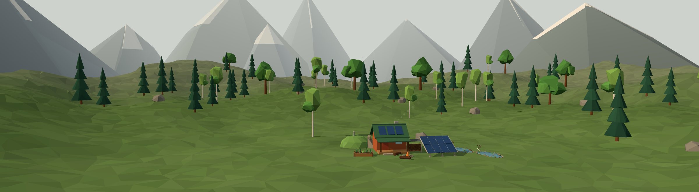 Low-poly 3D off-grid homestead in a canada landscape