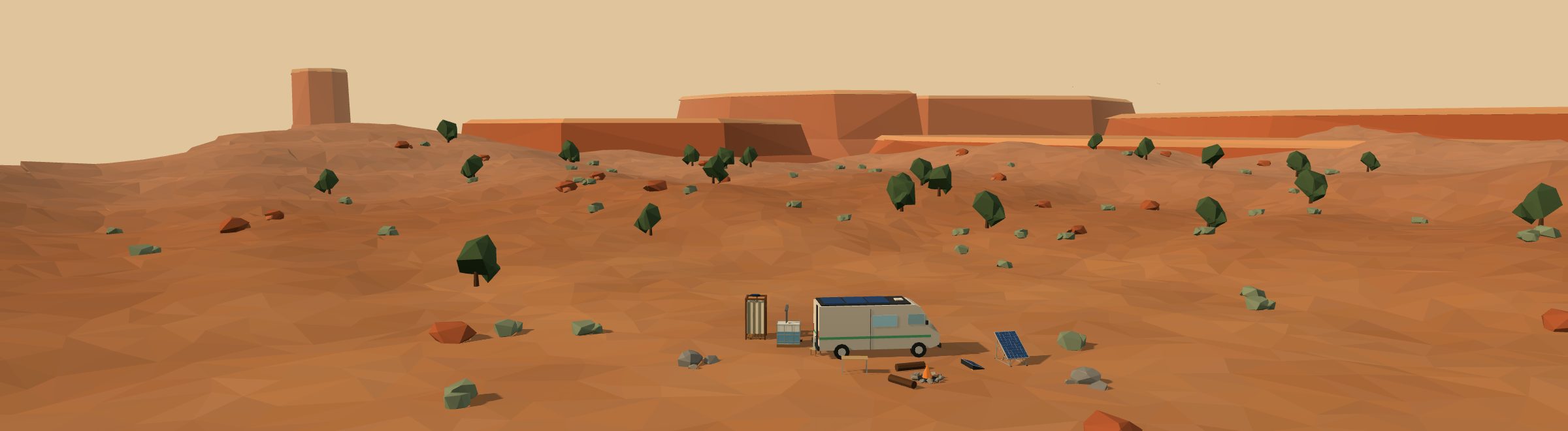 Low-poly 3D off-grid homestead in a canyon landscape