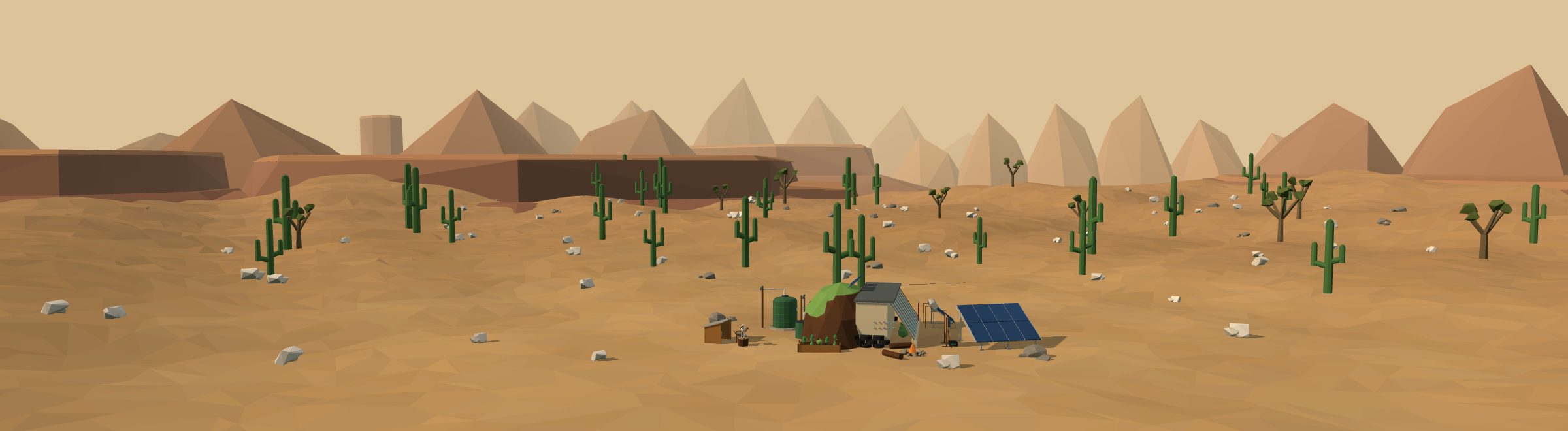 Low-poly 3D off-grid homestead in a desert landscape