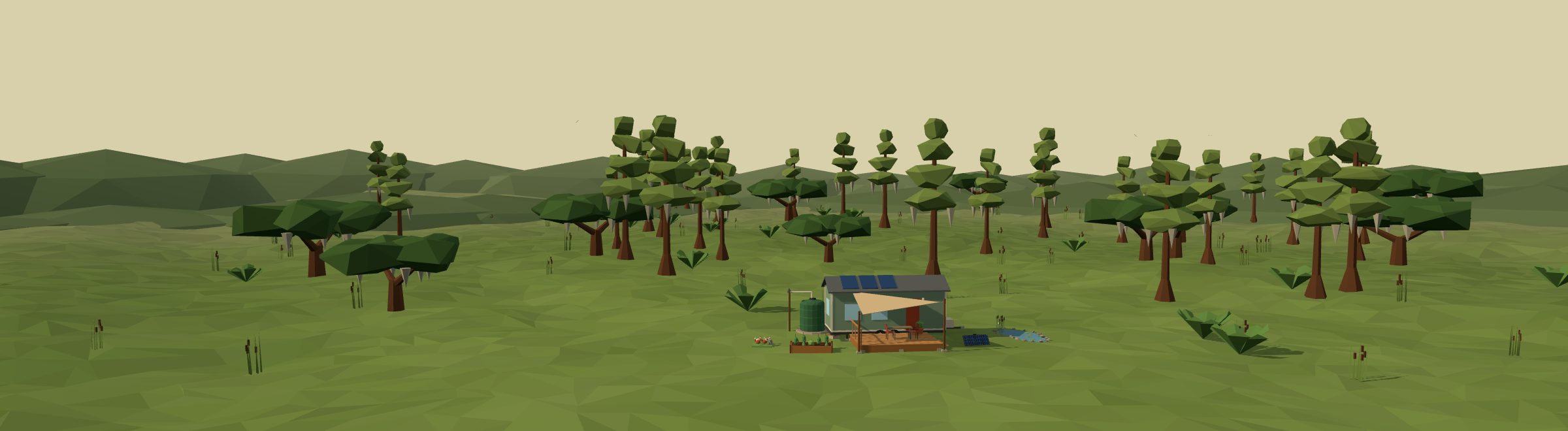 Low-poly 3D off-grid homestead in a gulf landscape