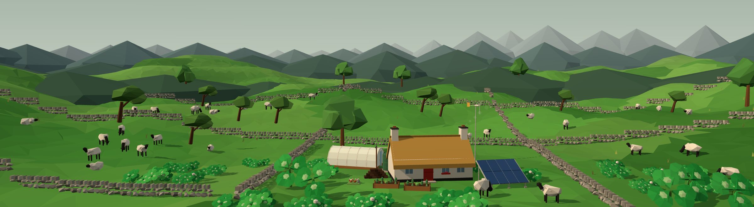 Low-poly 3D off-grid homestead in a ireland landscape