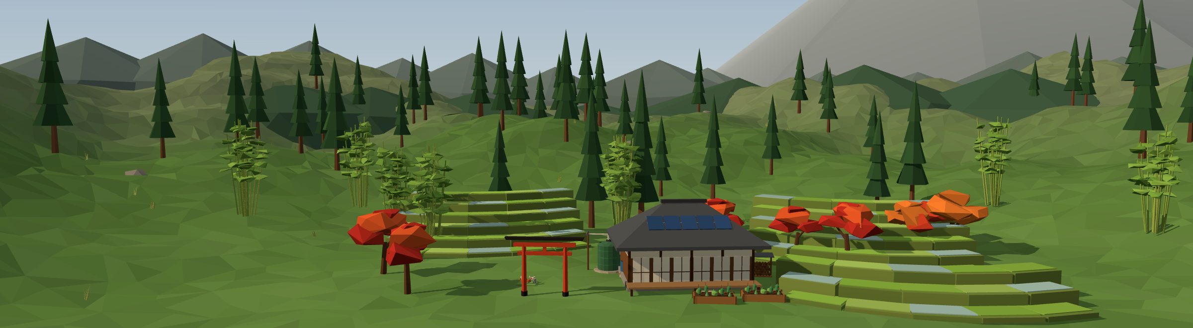 Low-poly 3D off-grid homestead in a japan landscape