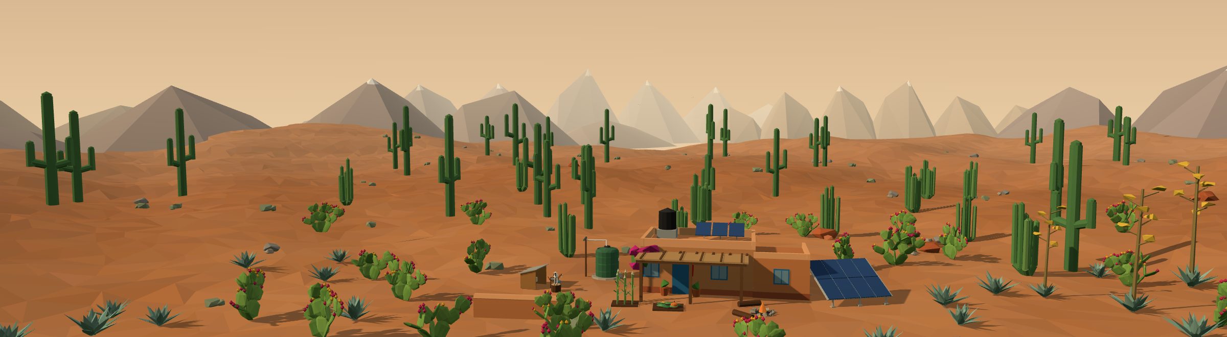 Low-poly 3D off-grid homestead in a mexico landscape