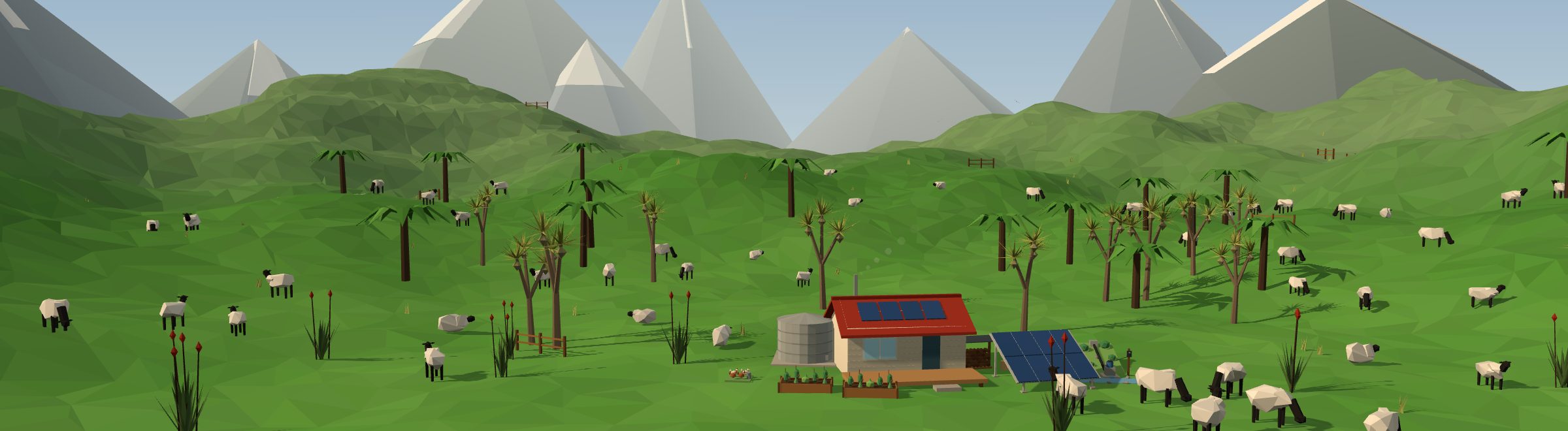 Low-poly 3D off-grid homestead in a newzealand landscape