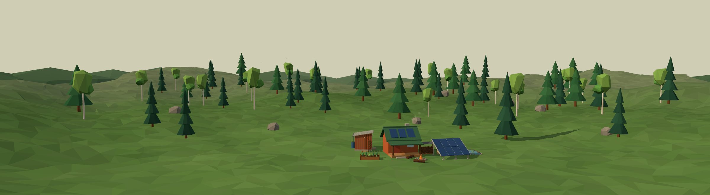 Low-poly 3D off-grid homestead in a northwoods landscape