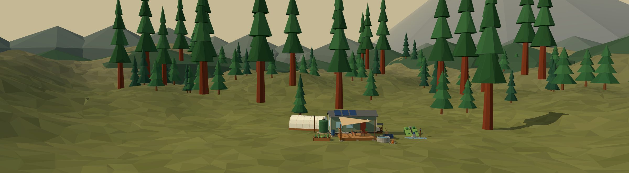 Low-poly 3D off-grid homestead in a pnw landscape