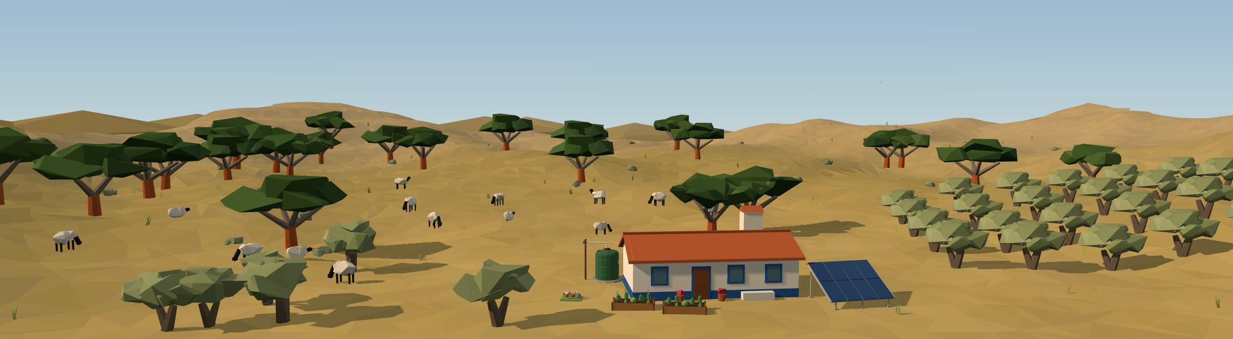 Low-poly 3D off-grid homestead in a portugal landscape