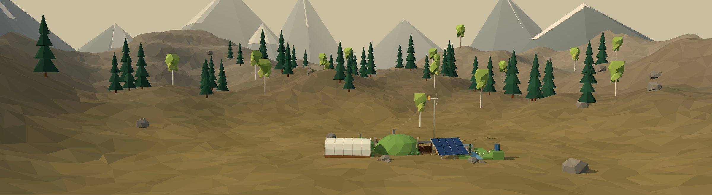 Low-poly 3D off-grid homestead in a rocky landscape