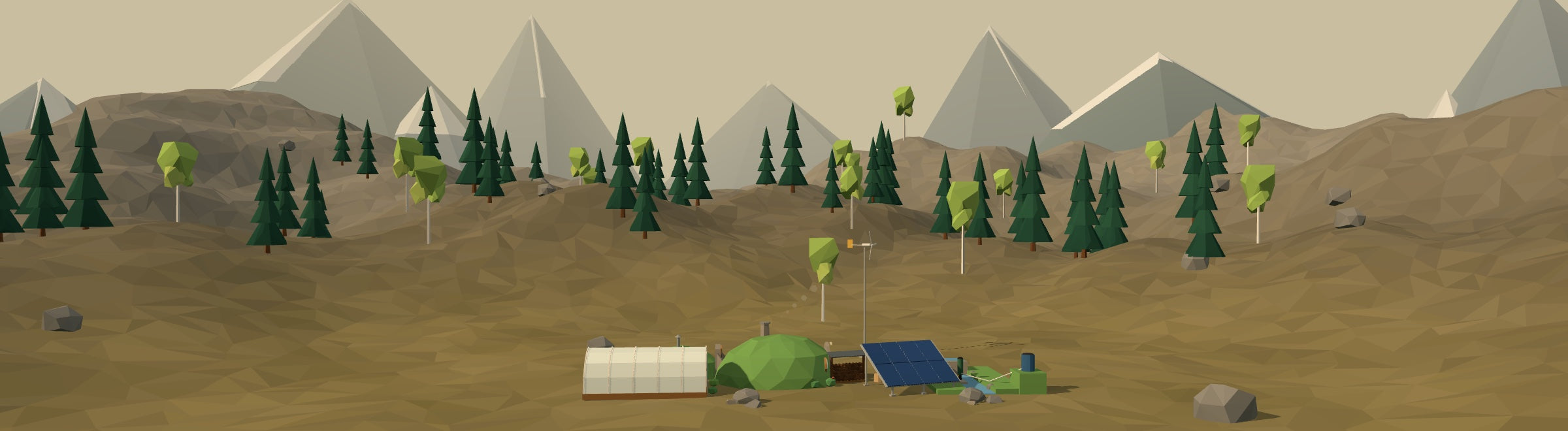 A low-poly 3D landscape of mountains, forest and a lake in the Alt Ordo Atlas style